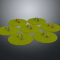 Small Animals Standing on Green Circular Grass Patches Arranged in Formation