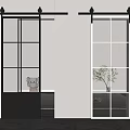Modern Black And White Barn Doors With Grid Glass Panels In Interior Space