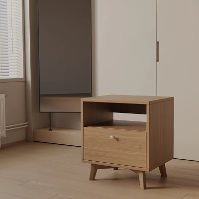 Minimalist Wooden Nightstand With Single Drawer And Tapered Legs Design 3d model