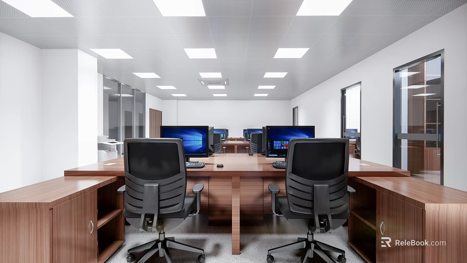 Public Office Space Interior With Wooden Desks Black Office Chairs Computer Monitors And Ceiling Lights 3d model 