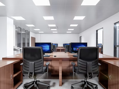 Public Office Space Interior With Wooden Desks Black Office Chairs Computer Monitors And Ceiling Lights 3d model