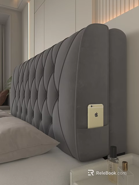Gray Diamond Tufted Headboard Design With Side Pocket Golden Smartphone Bed Pillows And Plant 3d model 