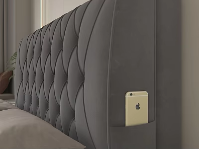Gray Diamond Tufted Headboard Design With Side Pocket Golden Smartphone Bed Pillows And Plant 3d model