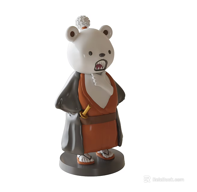 Cartoon Style Bear Sculpture Wearing Orange Robe Gray Coat With Sword And Angry Expression 3d model 