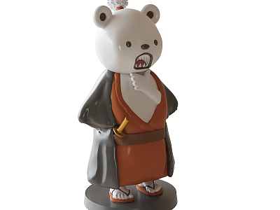 Cartoon Style Bear Sculpture Wearing Orange Robe Gray Coat With Sword And Angry Expression 3d model