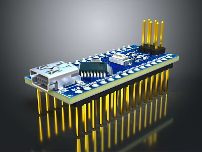 Blue Electronic Development Board With USB Interface Chips And Yellow Pins 3d model