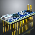 Blue Electronic Development Board With USB Interface Chips And Yellow Pins 3d model
