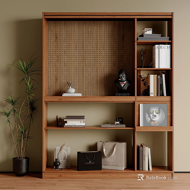 Stylish Wooden Bookcase with Open Shelves Books Decorative Sculptures and Potted Plant 3d model 