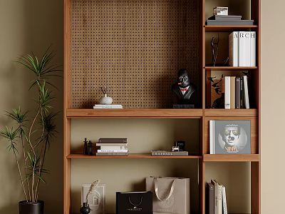 Stylish Wooden Bookcase with Open Shelves Books Decorative Sculptures and Potted Plant 3d model