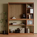 Stylish Wooden Bookcase with Open Shelves Books Decorative Sculptures and Potted Plant