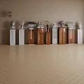 Decorative Ornaments Arrangement On Various Material Cabinets With Beige Wall Wooden Floor And Hanging Lamp