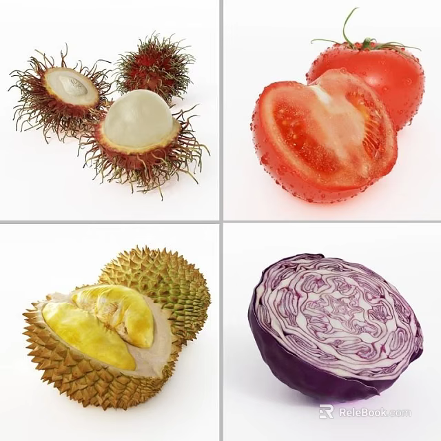 Ripe Exotic Tropical Fruits Rambutan Durian Tomato Sliced Open Showing Fresh Flesh 3d model 
