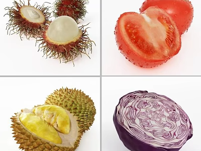 Ripe Exotic Tropical Fruits Rambutan Durian Tomato Sliced Open Showing Fresh Flesh 3d model