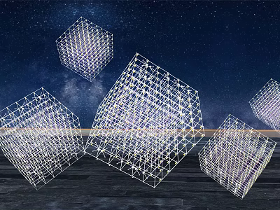 Transparent Grid Cube Landscape Sculptures With Starry Sky Background And Dark Wooden Ground 3d model