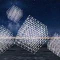 Transparent Grid Cube Landscape Sculptures With Starry Sky Background And Dark Wooden Ground