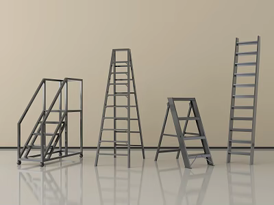 Various Metal Ladders Standing In Room Including Step Straight And Staircase Styles 3d model