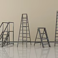 Various Metal Ladders Standing In Room Including Step Straight And Staircase Styles