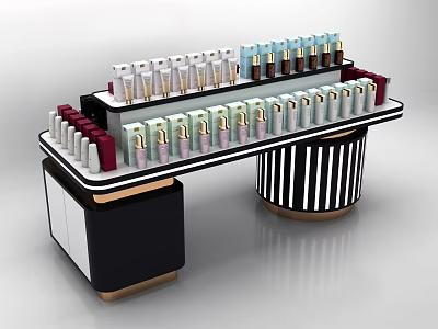 Modern Retail Display Shelf With Multicolored Cosmetic Products And Striped Pillars 3d model