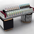 Modern Retail Display Shelf With Multicolored Cosmetic Products And Striped Pillars