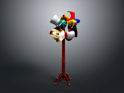Red Hat Stand with Various Colored and Styled Hats on Triangular Base 3d model