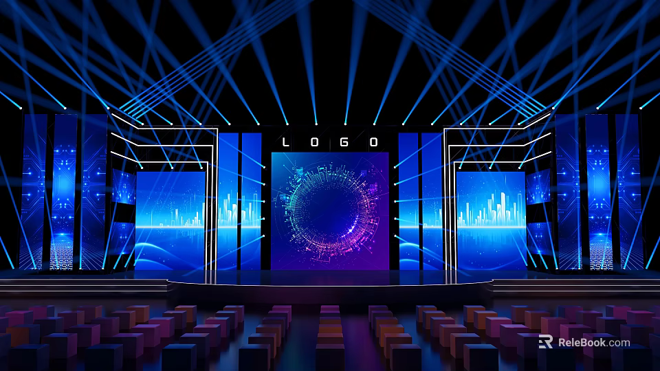 Modern Stage Design with Blue Lighting LED Screens LOGO and Audience Seats 3d model 
