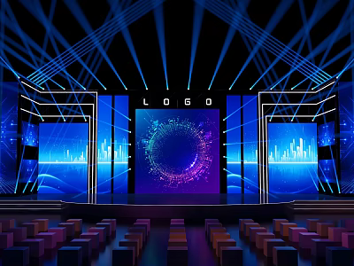 Modern Stage Design with Blue Lighting LED Screens LOGO and Audience Seats 3d model