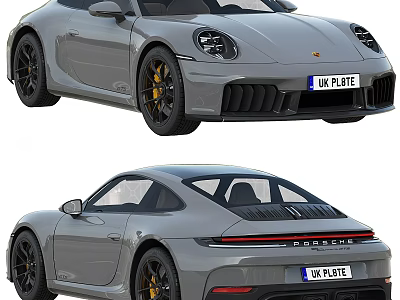 Gray Porsche Coupe With Black Wheels Yellow Brake Calipers Front Rear Views UK Plate 3d model