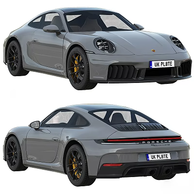Gray Porsche Coupe With Black Wheels Yellow Brake Calipers Front Rear Views UK Plate 3d model