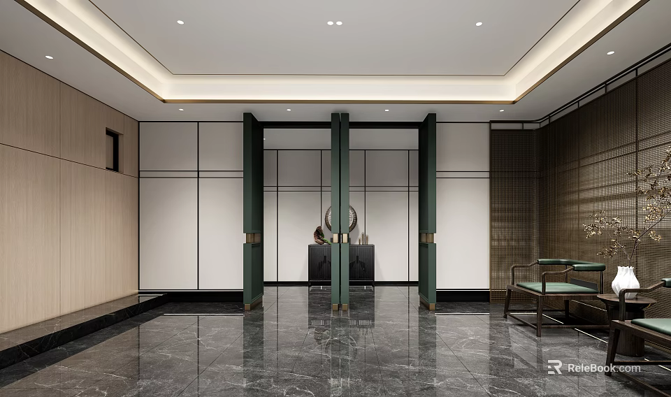 Modern Store Front Desk With Green Pillars Marble Floor And Minimalist Walls 3d model 