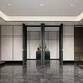 Modern Store Front Desk With Green Pillars Marble Floor And Minimalist Walls