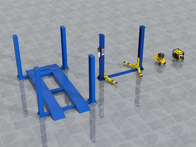 Industrial Four Post Lifting Equipment With Blue Structure And Yellow Tools 3d model