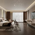 Elegant Modern Bedroom Interior Design With Herringbone Floor Upholstered Headboard Bed Bench And Round Mirror