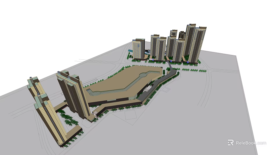 Modern Commercial Complex Development With High Rise Buildings Greenery And Integrated Facilities 3d model