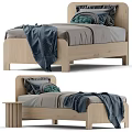 Single Bed with Wooden Frame Gray Sheets Blue Blanket Green Dark Pillows and Bedside Table