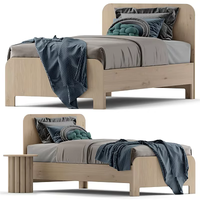Single Bed with Wooden Frame Gray Sheets Blue Blanket Green Dark Pillows and Bedside Table 3d model