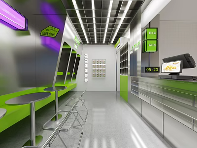 Modern Bubble Tea Shop With Purple Green Neon Lights Bar Seats Menu Cashier Metallic Texture 3d model