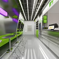 Modern Bubble Tea Shop With Purple Green Neon Lights Bar Seats Menu Cashier Metallic Texture