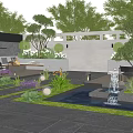 Courtyard Garden Design with Outdoor Sofa Fountain Green Plants Stone Paving and Lanterns