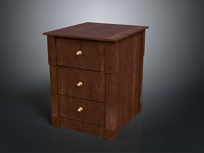 Wooden Brown Nightstand With Three Drawers And Gold Knobs Classic Design 3d model