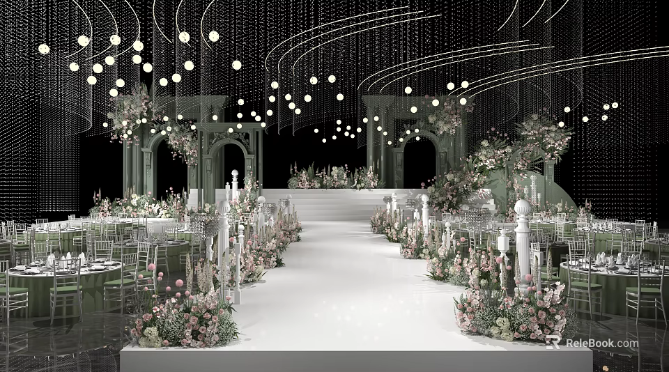 Elegant Luxurious Banquet Hall Decorated With Floral Arrangements And Chandeliers 3d model 