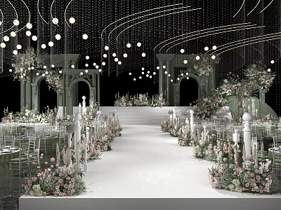 Elegant Luxurious Banquet Hall Decorated With Floral Arrangements And Chandeliers 3d model