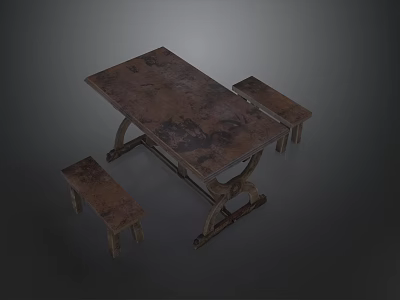 Rustic Wooden Dining Table With Matching Benches For Kitchen Dining Space 3d model