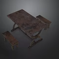 Rustic Wooden Dining Table With Matching Benches For Kitchen Dining Space 3d model