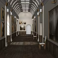 Spacious Elevator Hallway Interior Design With Arched Ceiling Wooden Floor And Paintings