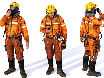 Man Wearing Orange Work Uniform And Yellow Safety Helmet Using Phone Adjusting Mask With Tools 3d model