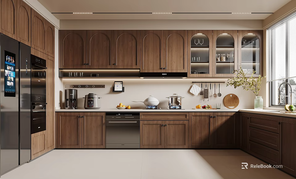 Modern Wooden Kitchen Interior Design With Countertop Built-in Appliances And Cabinets 3d model 