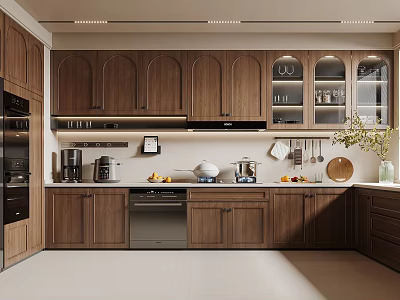 Modern Wooden Kitchen Interior Design With Countertop Built-in Appliances And Cabinets 3d model