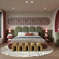 Playful Children's Bed with Green Headboard Yellow Arch Bench Red Curved Wall and Round Rug