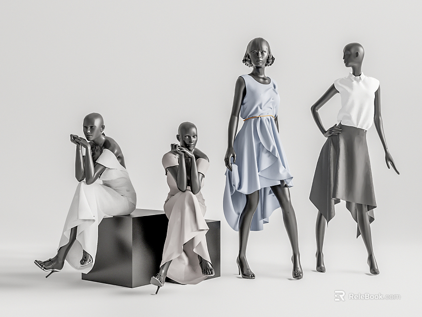 Fashion Mannequins Displaying Various Clothing Styles In Sitting And Standing Poses On Minimalist Background 3d model 