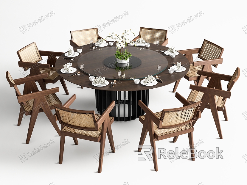 New Chinese Round Dining Table and Chair Combination Round Table Dining Chair Tableware Floral Art model